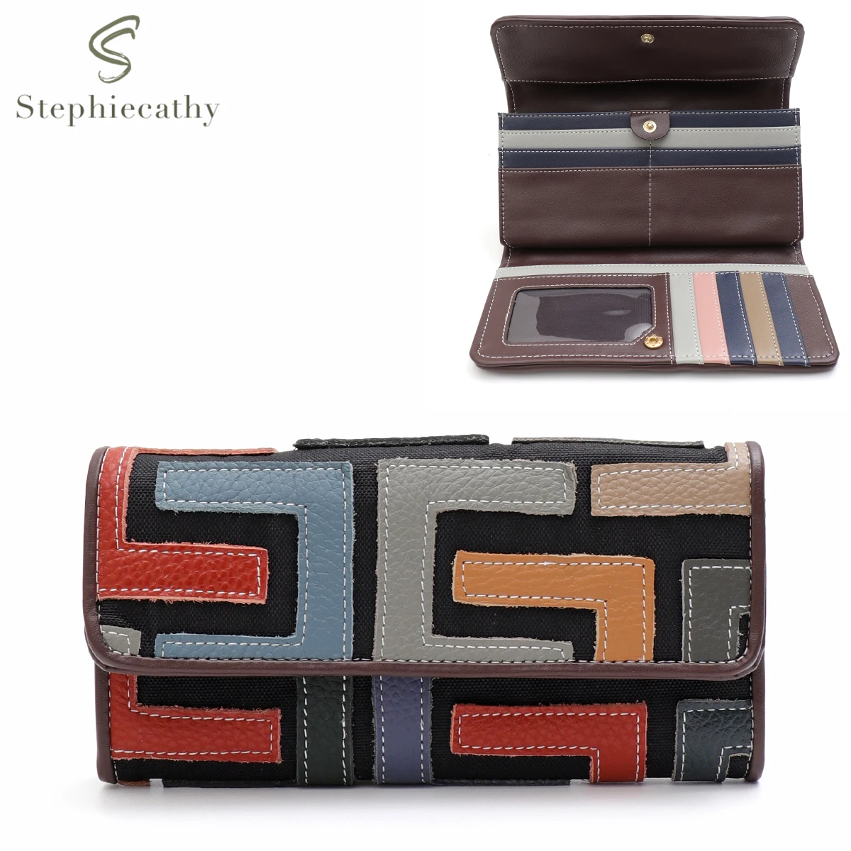 SC Brand Women Real Leather Long Wallet Trifold Random Colors Patchwork Retro Portable Multi Pockets Phone Bag Coin Purse Clutch