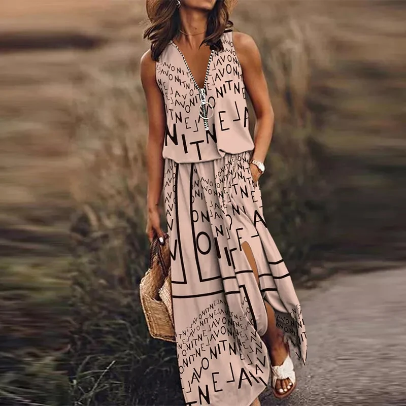 

Summer Women's Casual Geometric Print Dress Fashion V-neck Sleeveless Zipper Long Dress Bohemian Beach Party Sundress S-5XL