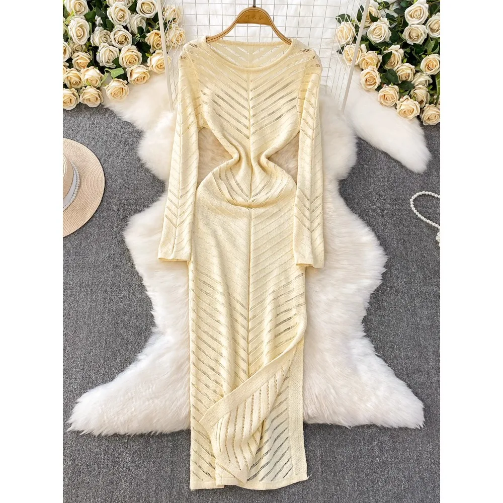 Chic vintage split hollow out dress Elegant Fairy korean fashion Boho Sundress Beach women clothing dress