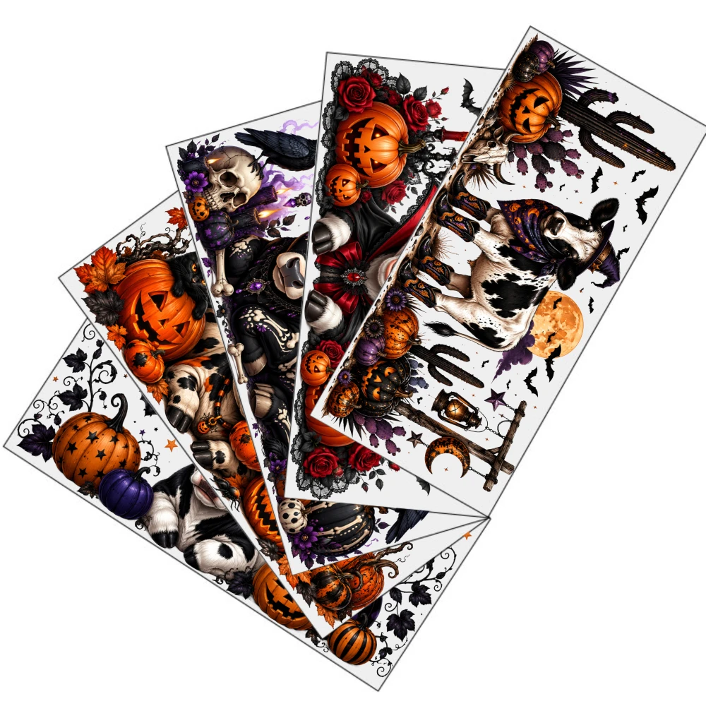 5 Sheets Halloween Cow Pattern UV DTF Stickers Plastic Self-Adhesive Labels UV DTF Transfer Stickers for Glass Cups Mug