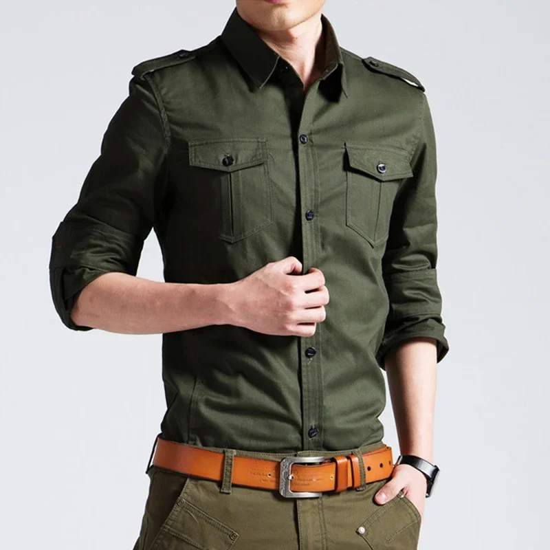Męskie koszule wojskowe 2025 Jesienne koszule z długim rękawem Casual Workwear Pocket Shirts Camisas Slim Solid Męskie koszule wojskowe Chemise Homme