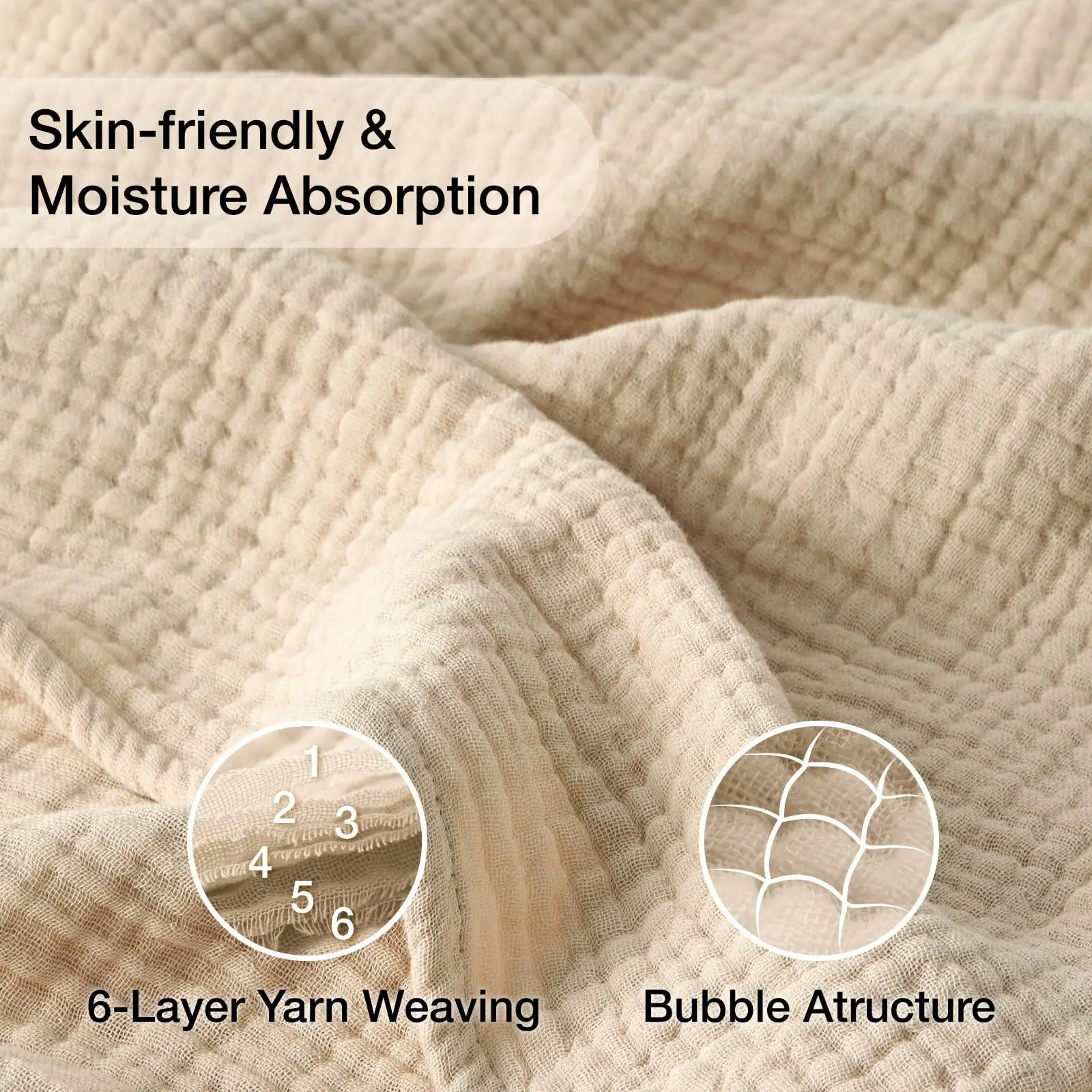 

6 Layer Beige Cotton Blanket Foldable Swaddle Blanket Breathable Cotton Infant for Bed Sofa Cover Travel Blanket