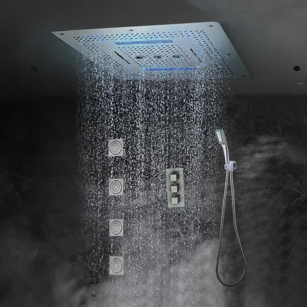 

Modern LED Ceiling Shower System Concealed Thermostatic Faucet with Built-in Rainfall multi-functional Showerhead Massage Jets