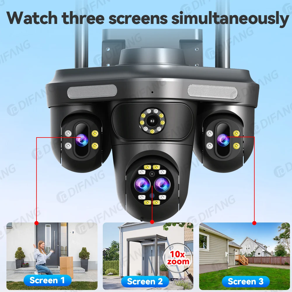 20MP 10K CCTV IP Camera Three Screen PTZ 10X Zoom WiFi Security Camera Ai Tracking Video Camera Security Protection Surveillance