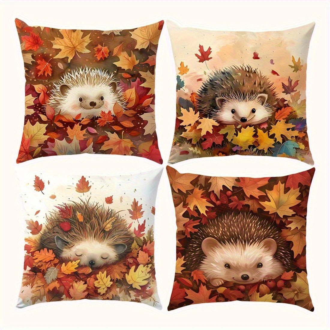 4pc Fall Hedgehog Throw Pillow Covers  Set of 4 Cute Autumn Maple Leaf Decorative Cushion Cases for Sofa Couch Bed