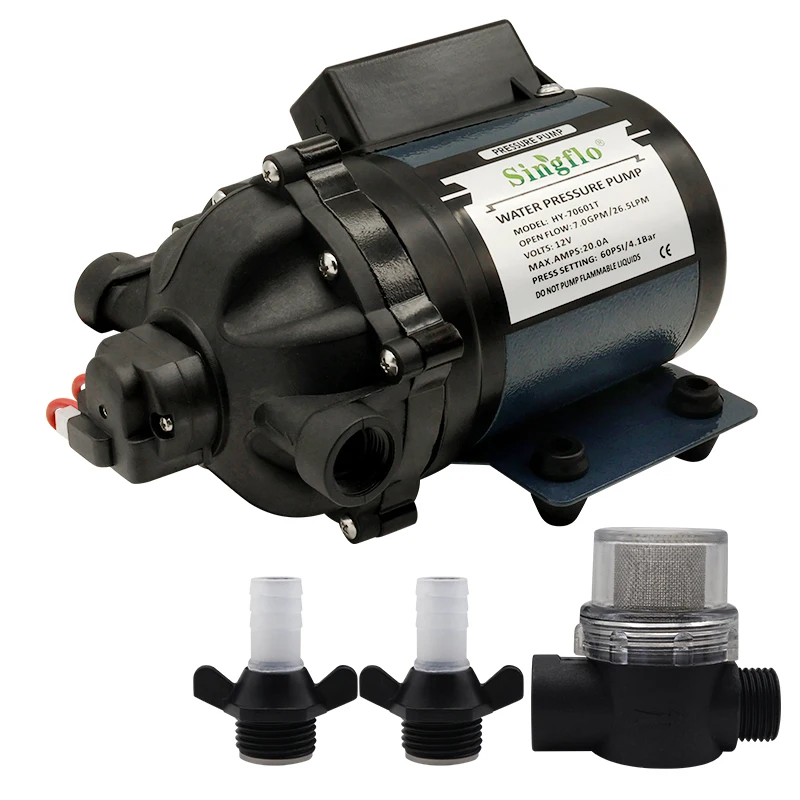 HY-70601T 12V DC RV Water Pump - 7GPM 70PSI, Heavy Duty Five Chamber Self-Priming Diaphragm Pump with Strainer