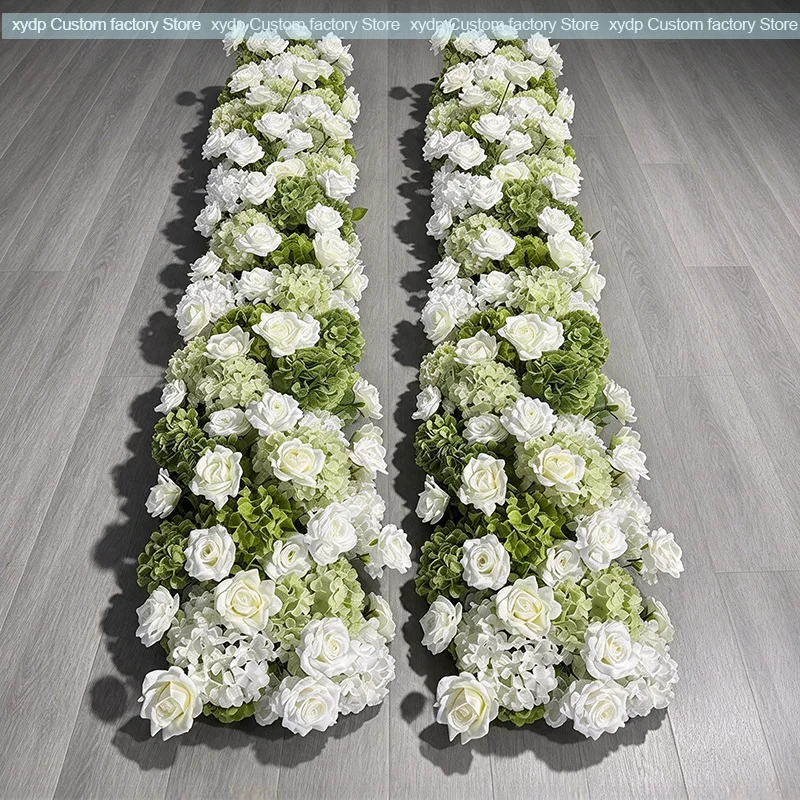 5D Grüne und weiße Hortensien-Hochzeitskulisse, Ochsenhorn-Bogen, Blumenläufer, Rosen-Blumenreihe, Arrangement, Event-Party-Requisiten, Dekorationsausstellung – Detail 6