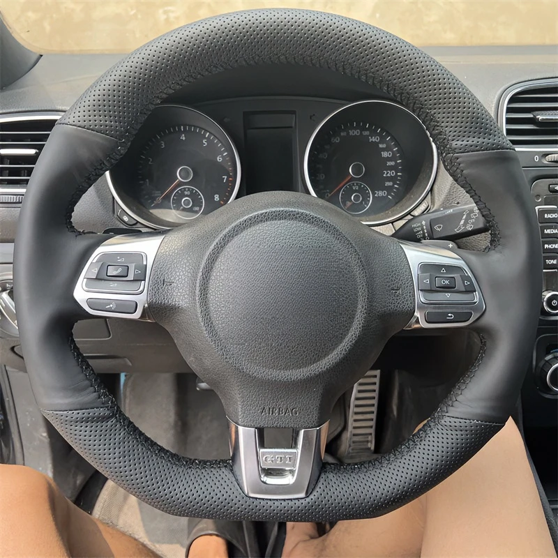 For Volkswagen Golf 6 GTI MK6 Custom Fit Full‑Wrap Hand‑Sewn Wear‑Resistant Car Steering Wheel Cover Steering Wheel Protector