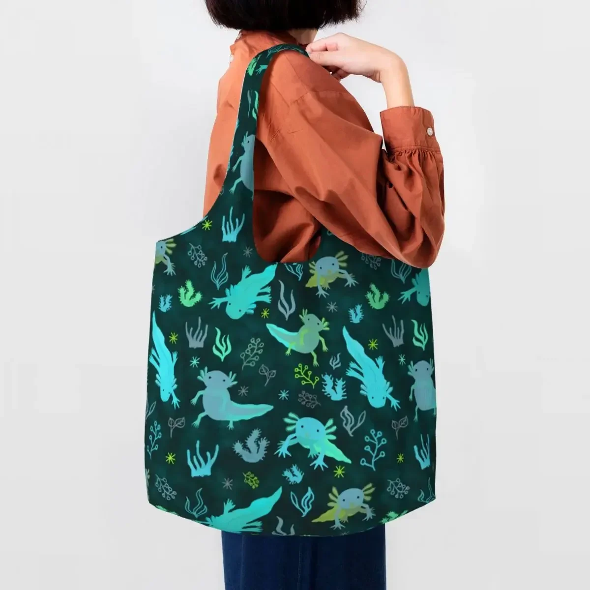 Cute Axolotl Pattern Shopping Tote Bags Recycling Salamander Animal Canvas Groceries Shopper Shoulder Bag Photography Handbags