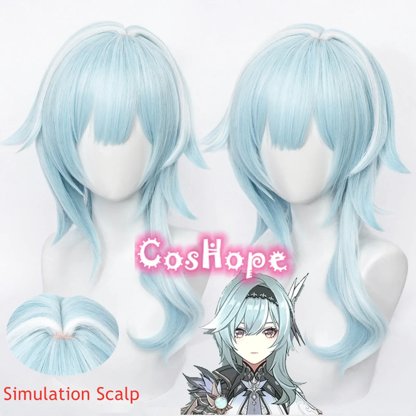 In Stock Eula Cosplay Wig Women 48cm Short Wig Blue White Wig Cosplay Anime Cosplay Wigs Heat Resistant Synthetic Wigs Halloween