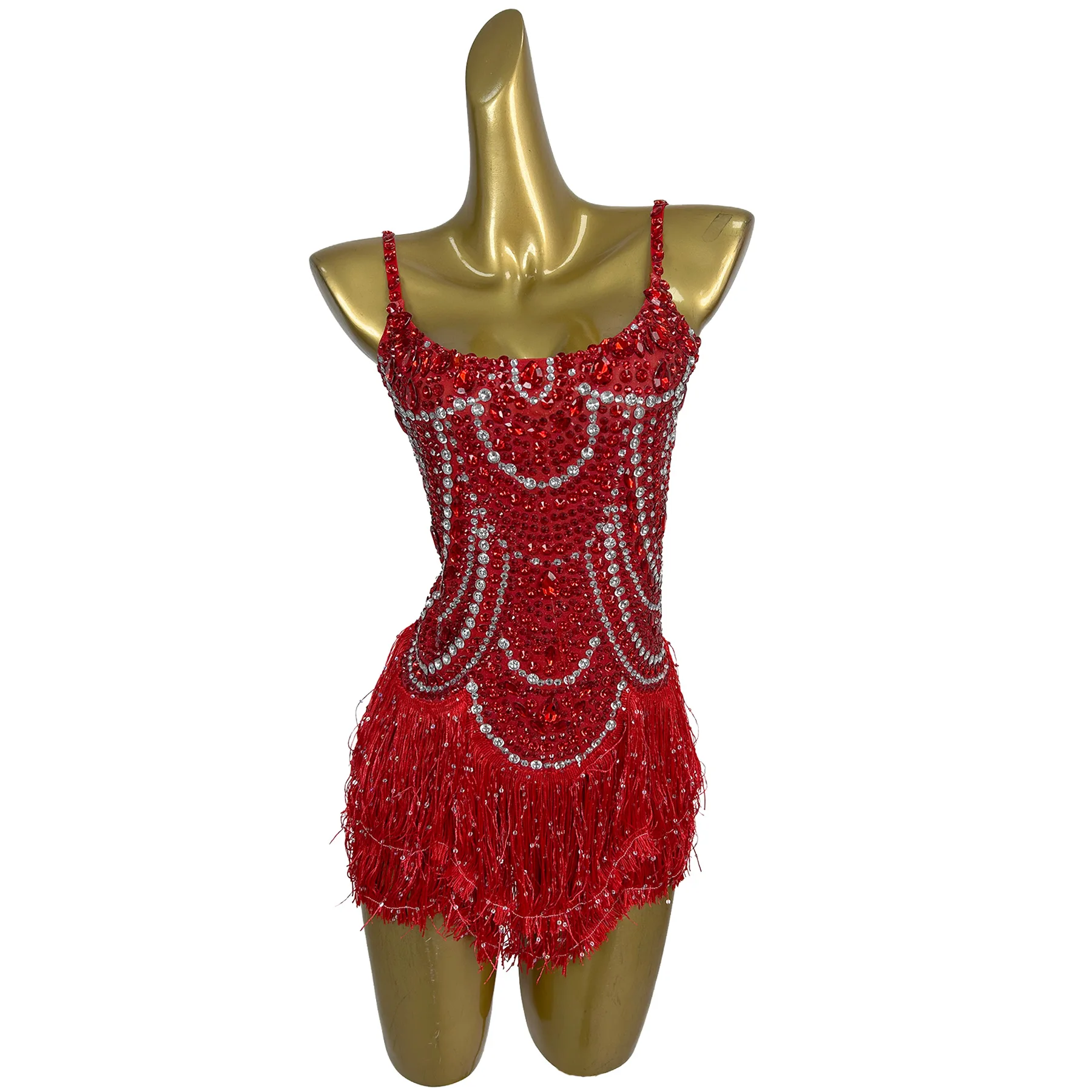 Jingling Fashion Woman Evening Party Dress Shiny Red Diamond Tassel Suspender Dress Bar Stage Performance Outfit Birthday Dress