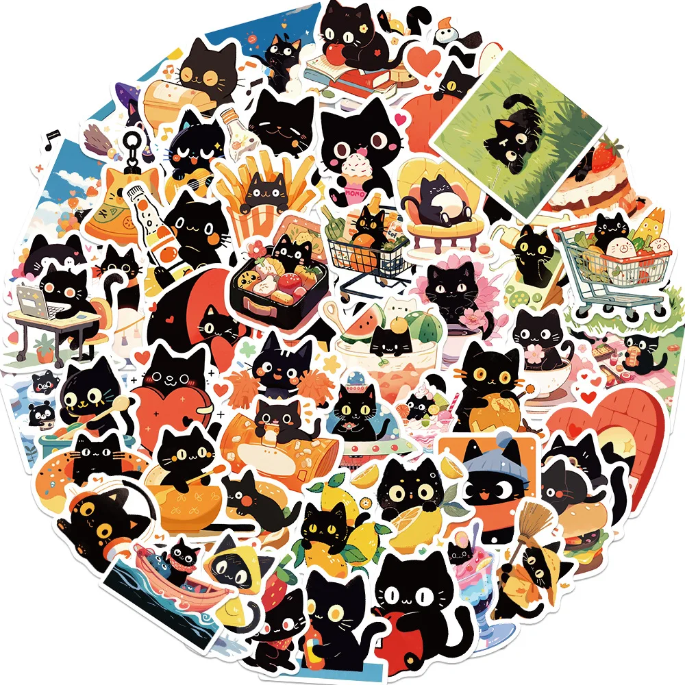 60Pcs Black Cat Stickers Pack，Cute Cool Vinyl Waterproof Stickers for Water Bottle,Skateboard,Laptop,Phone,Scrapbooking