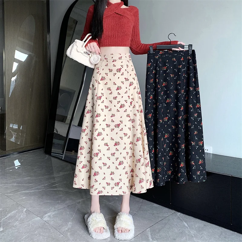 

Женская длинная Вельветовая юбка, облегающая трапециевидная юбка с высокой талией и большим подолом, с цветочным принтом, Осень-зима 2024