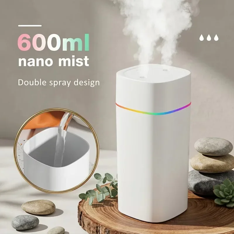 600ML USB Double Spray Port Humidifier, Aromatherapy Oil Diffuser Mute Atomizer with Colorful Night Light, Portable Air