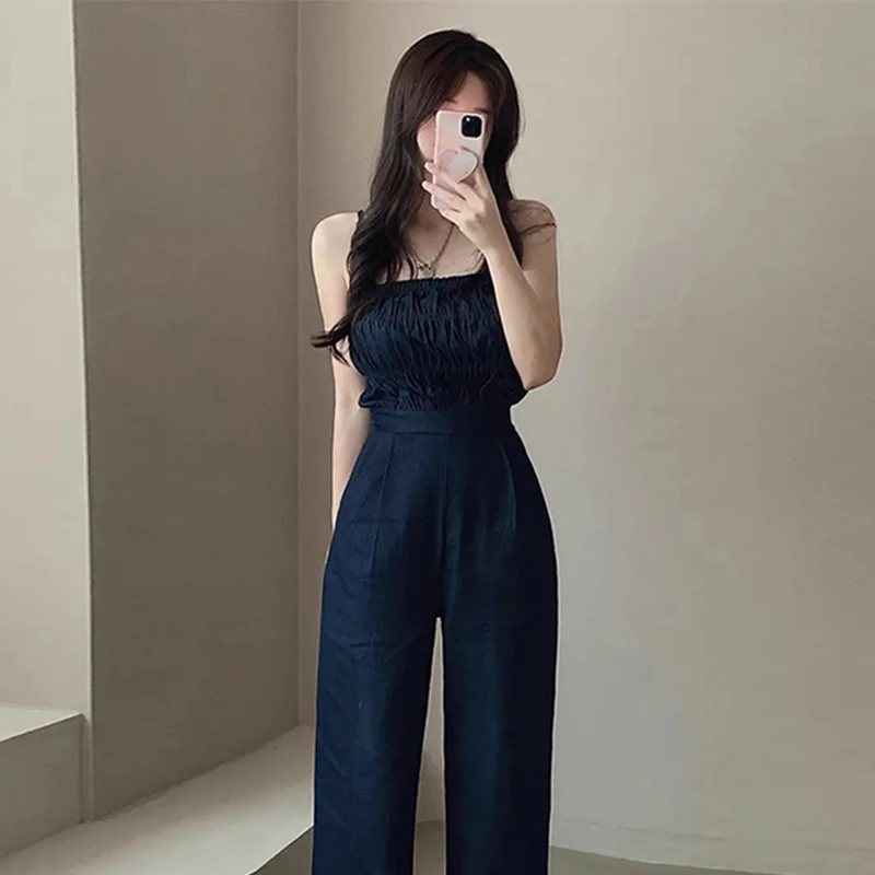 Vintage Women Blue Denim Romper Sexy Spaghetti Strap Draped Jumpsuits Female Elegant Slash Neck Sleeveless High Waist Playsuits