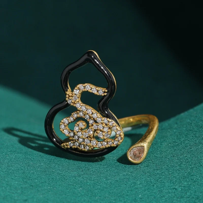 

Vintage Hollow Gourd Enamel Black Rings Adjustable Gold Color Rhinestone Opening Trends 2026 Accessories Women Jewelry Festival