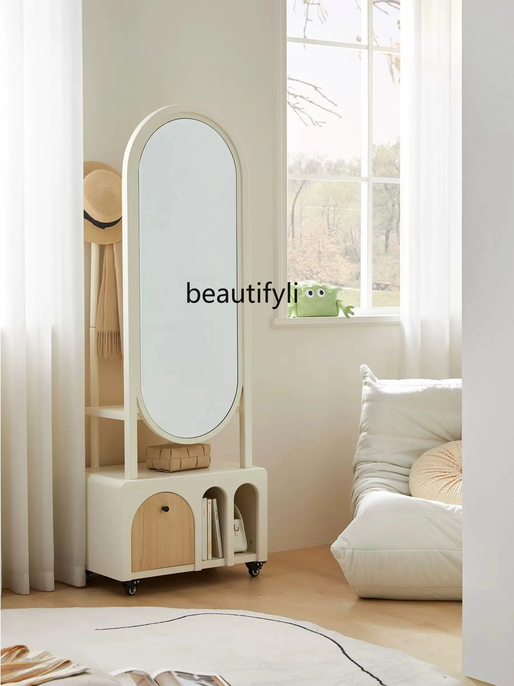 

zqFrench Solid Wood Dressing Mirror Floor Mirror Full Body Mirror Cabinet Clothes Rack Integrated Rotating Full-Length Mirror