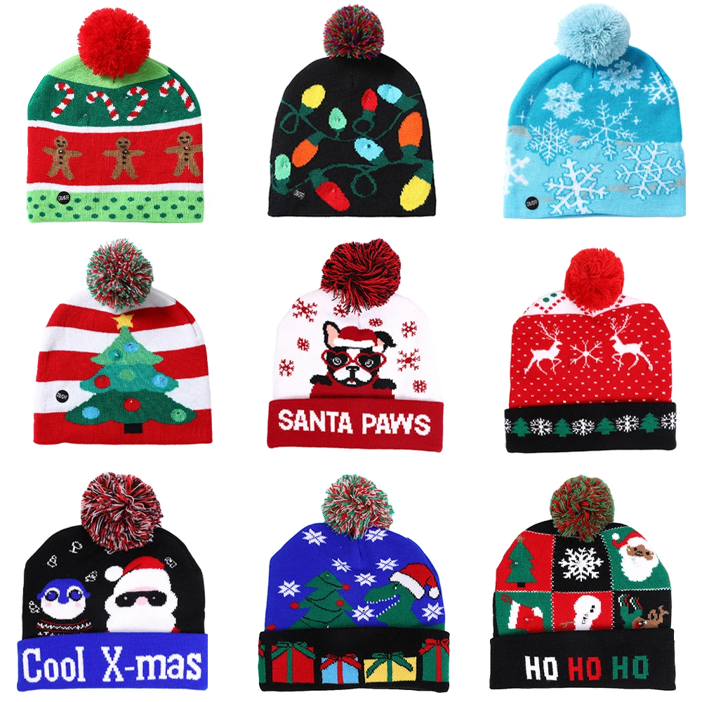 LED Christmas Hat Sweater Knitted Beanie Christmas Light Up Knitted Hat Christmas Gift for Kids Xmas 2022 New Year Decorations