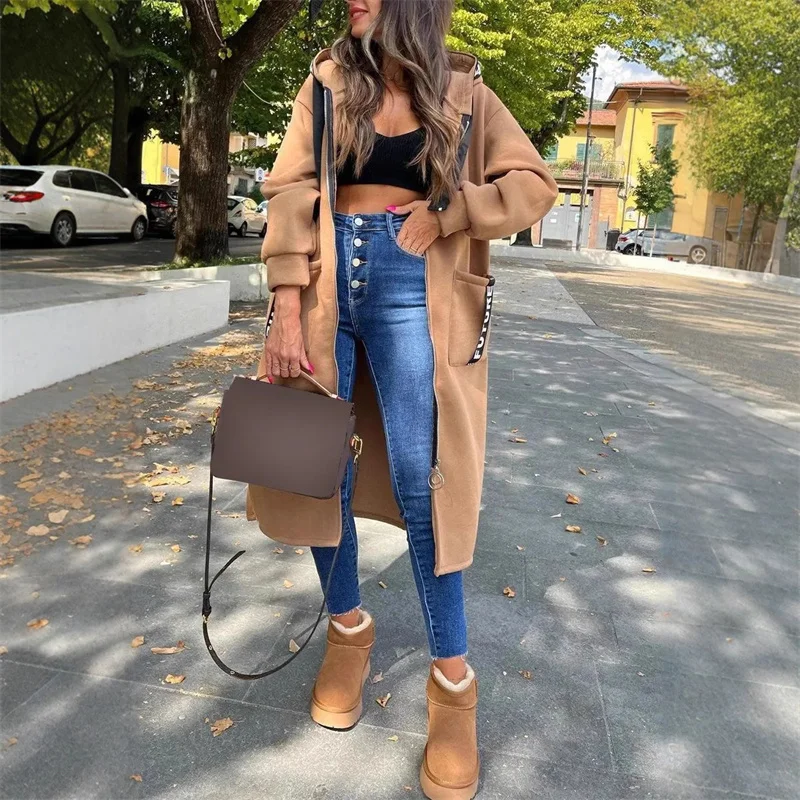2025 Fashion Solid Color Hooded Sports Fleece Warm Sweatshirt Winter Casual Long Sleeved Zipper Jacket Women Overcoat Streetwear