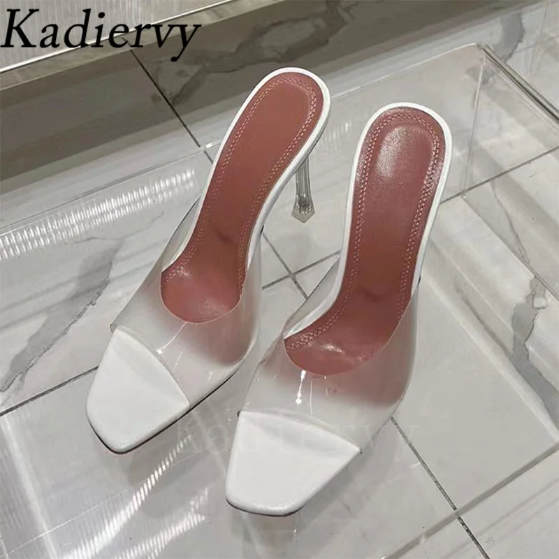 Sexy High Heels Slippers Women Candy Color PVC Summer Shoes Woman Square Peep Toe Slides Thin Heels Runway Sandals Woman