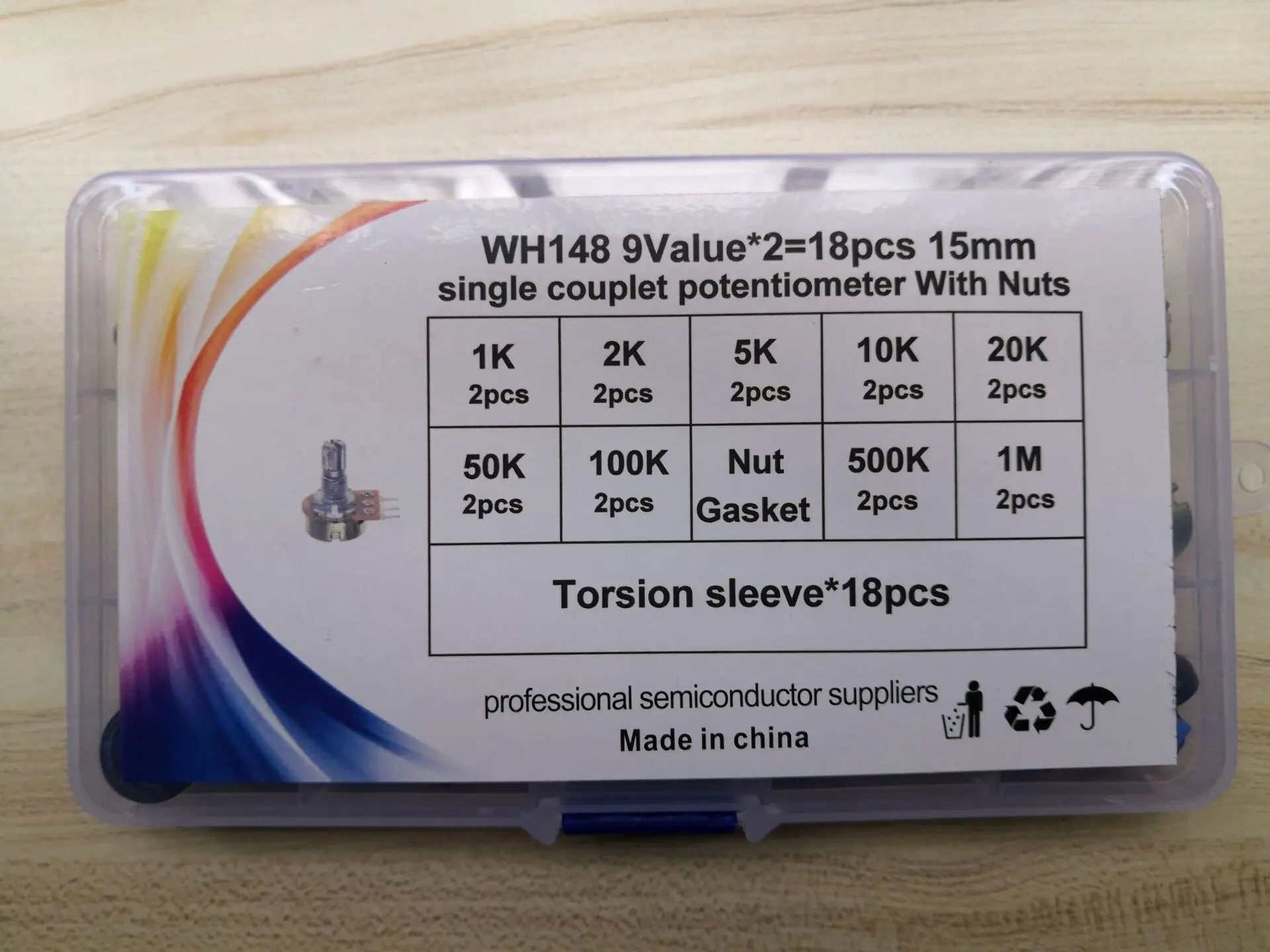 9value*2pcs=18PCS Wh148 B1K B2K B5K B10K B20K B50K B100K B500K 1M  Amplifier Volume Rotary Adjustable Potentiometer Resistor Kit