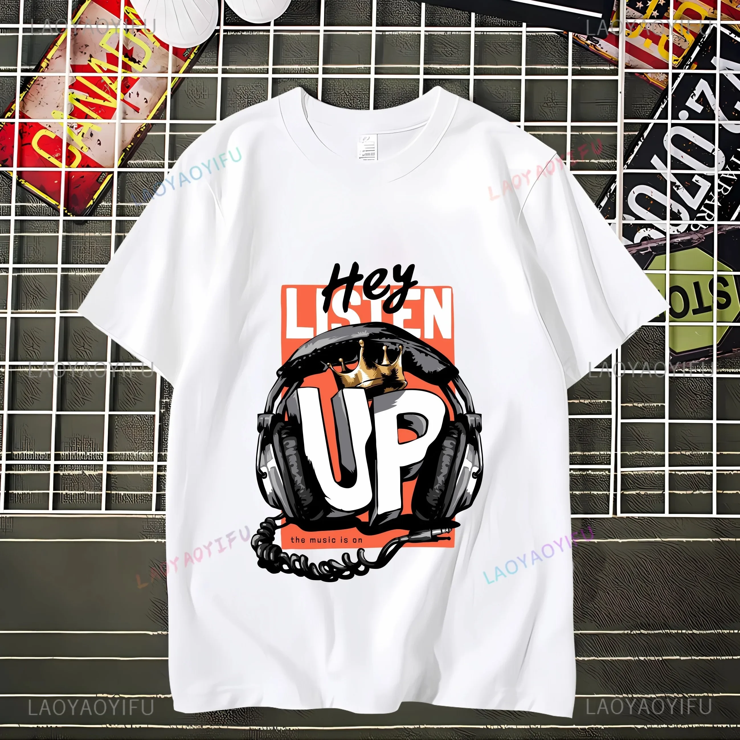 Hey Listen Up music up Men's and Women's Short Sleeve Street Round Neck Comfortable Top  t-shirts