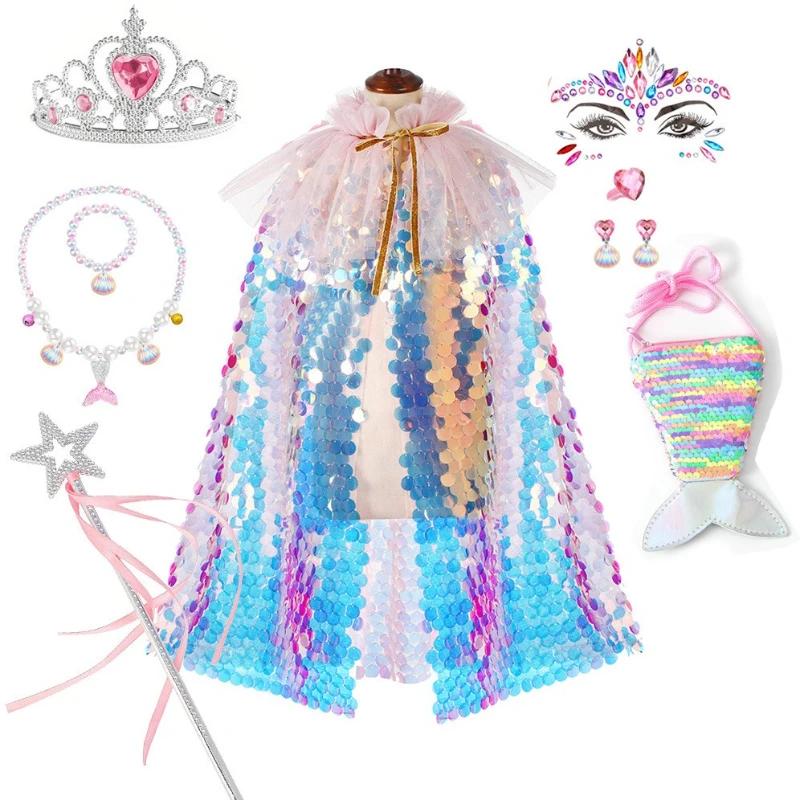 Kids Mermaid Princess Sequin Cape Colorful Glitter Cloak Sparkly Beaded Shawl for Cross‑border Party Cosplay & Stage Performance