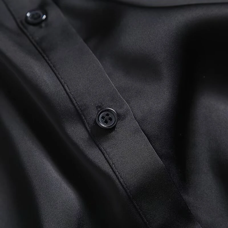 KEYANKETIAN 2025 Spring New Women's Sequined Decoration Shirt Leisure style Single Breasted Long Sleeve Black Satin Blouses Top