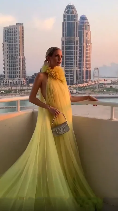 Neon verde vestidos de baile sexy tule longo sem costas vestido de festa halter fora do ombro vestidos formais uma linha sem mangas feito sob encomenda