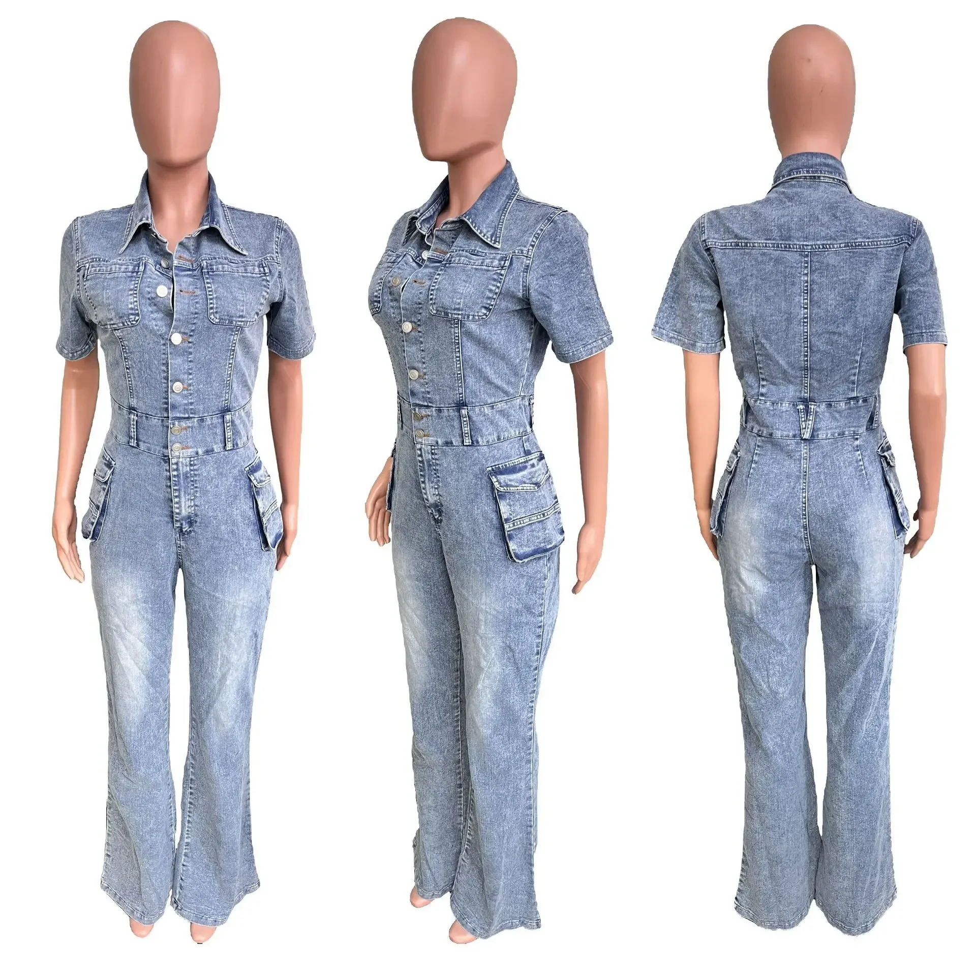 Women's Spring New Fashion Tight Waist Slim Elastic Fried Flower Wash Denim Jumpsuit Short-sleeved Lapel Denim Flared Pants Y2k