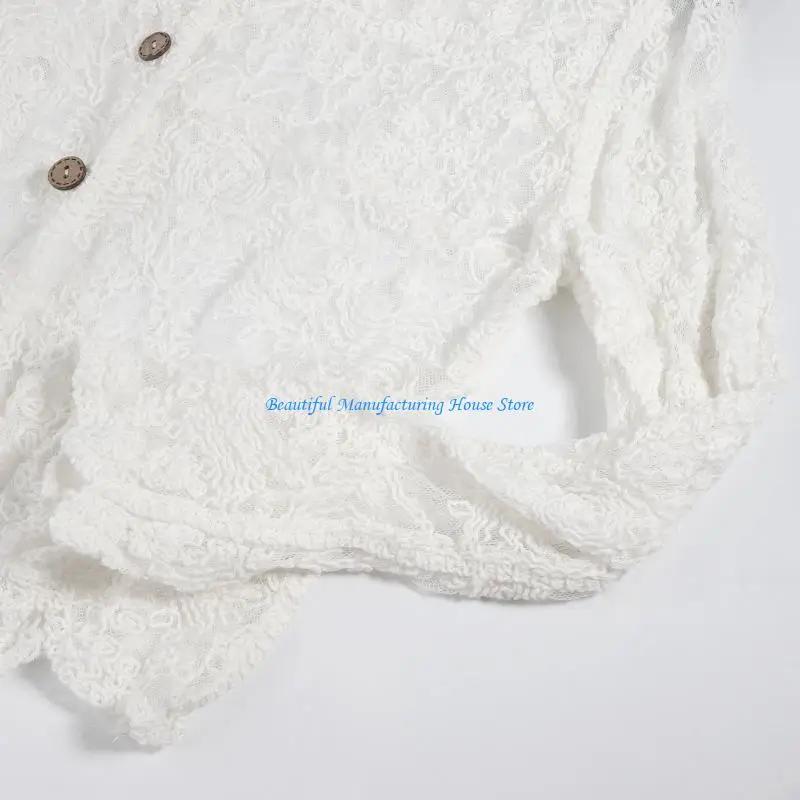 

E56A Women Lace Long Sleeve Crochet Floral Blouse V-Neck Button Crop Cardigan