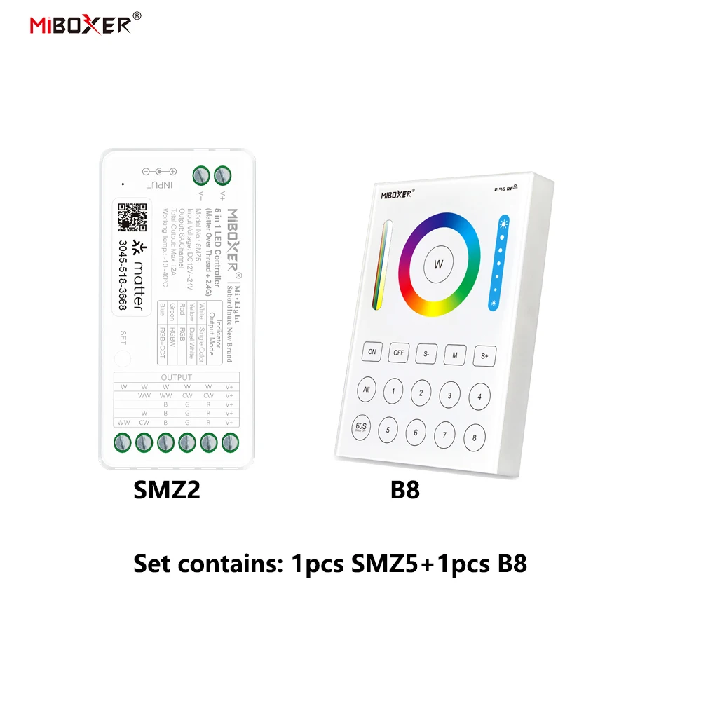 Miboxer SMZ5+B8 DC12-24V 5in1 Controller Matter Over Thread+2.4GHz Tuya APP WIFI Single/Double Color RGBW RGBCCT LED Strip Light