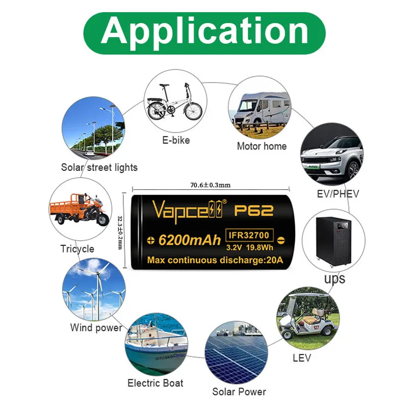 الأصلي Vapcell 32700 P62 6200mah بطارية 3.2 فولت 20A بطاريات ليثيوم قابلة للشحن قدرة عالية INR 32700 خلية لحزمة البطارية