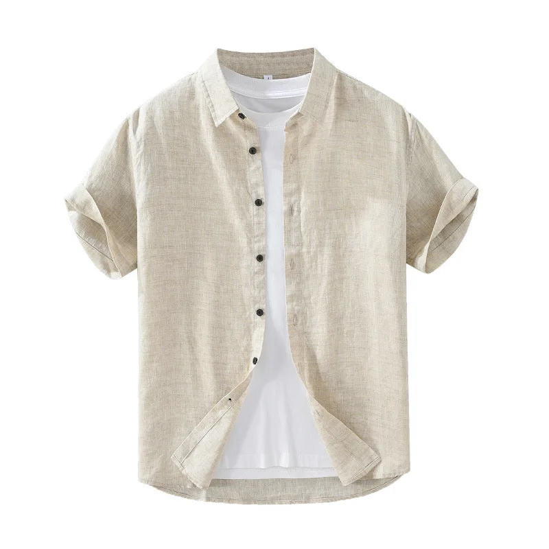 Summer Colored Linen Short-sleeved Shirt for Men, Loose and Breathable Solid-color High-end Shirt, Retro Square Neck Top Fashion