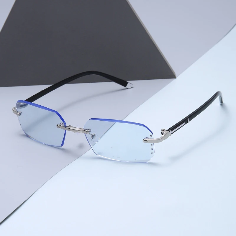 Diamantbesetzte rahmenlose Blaulicht-Lesebrille für Männer und Frauen mit blauem Film, flacher, lichtgeschnittener Rand