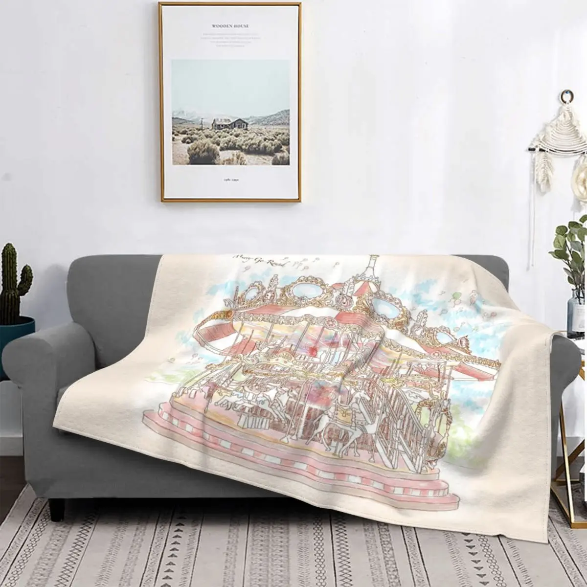 Pastel Circus Carousel Blanket Bedspread On The Bed Thick Sofa Bed With Picture Throw Blanket