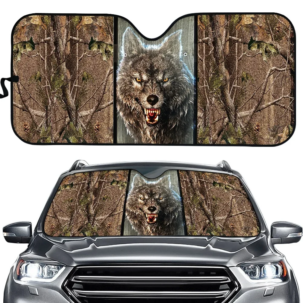 Cool 3D Wolf with Forest Print UV and Heat Car Accessories Car Windshield Sun Shade UV Protection Foldable Windshield Sunshade