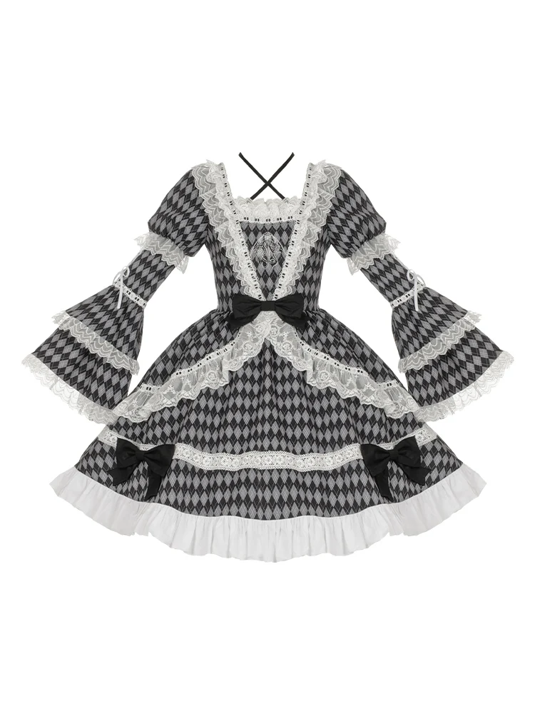 Harajuku Design originale Retro gotico Plaid collo quadrato Op Dress ricamato a maniche lunghe Lolita elegante fata principessa ragazze