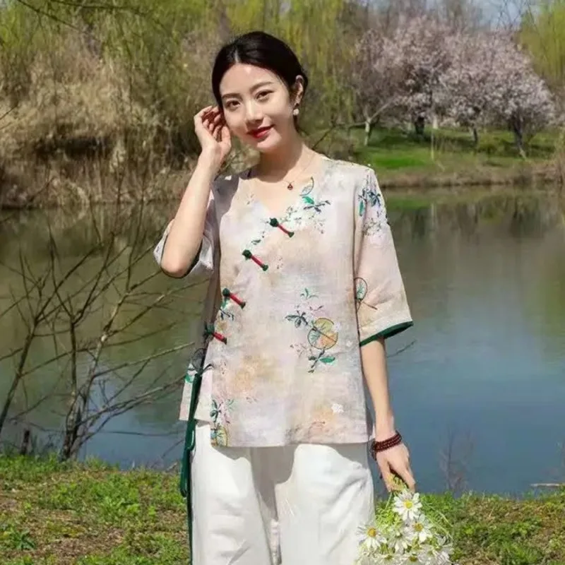 Vintage Cotton Linen Floral Print V Neck Shirt Chinese Style Traditional Female Hanfu Blouse National Loose Women Tops Tang Suit