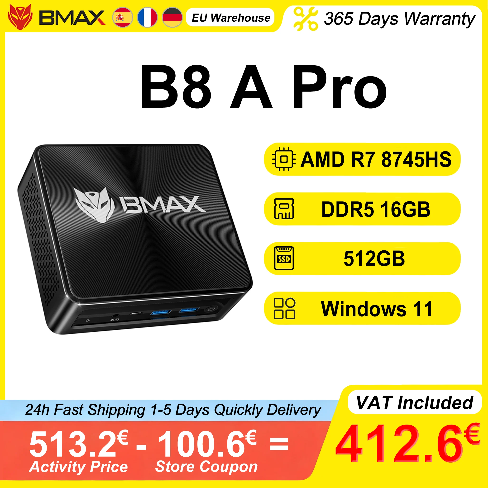 BMAX Mini PC B8 A Pro AMD Ryzen 7 8745HS 16GB DDR5 4800MHz RAM 512GB NVMe SSD Windows 11 prend en charge 4K @ 60Hz WiFi 6 AMD Radeon 780M