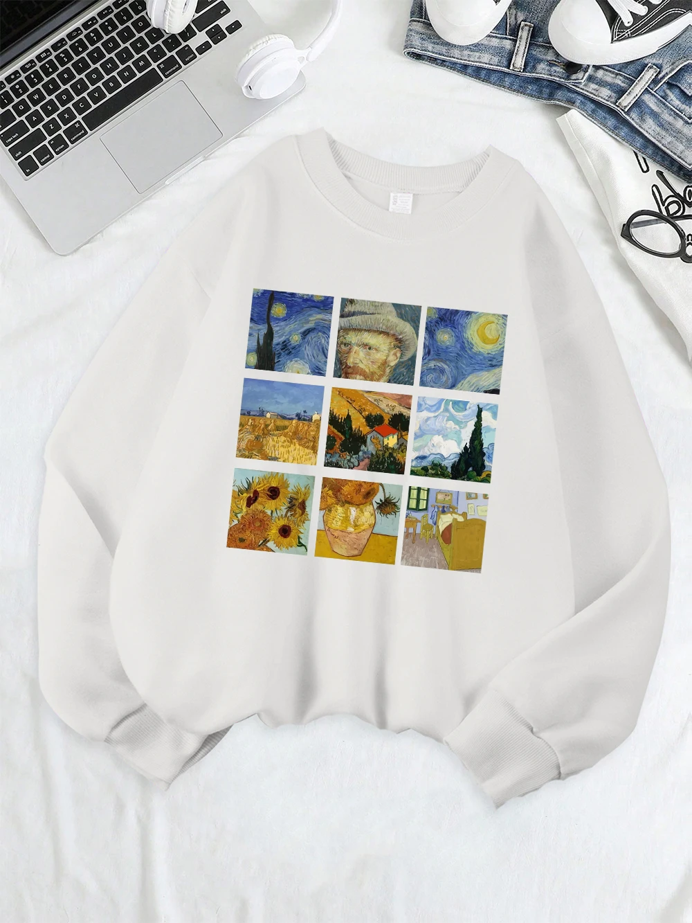 Felpa stampata Notte stellata di Van Gogh Felpa con cappuccio comoda da donna O-Collo in pile sciolto Pullover caldo Top casual da donna invernali