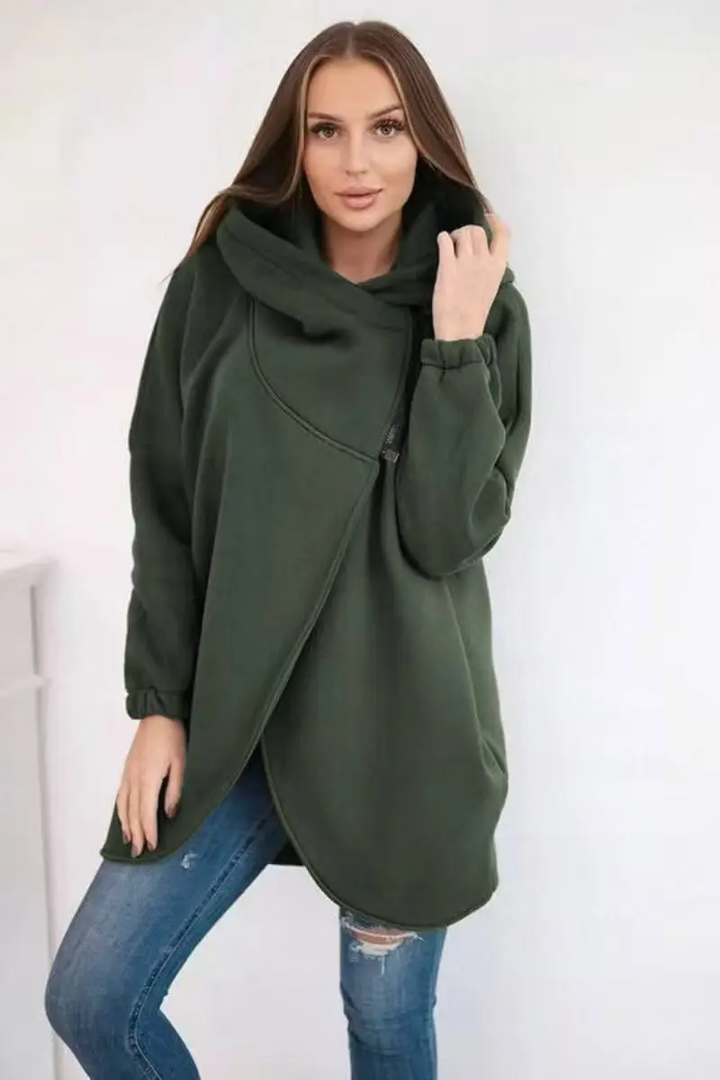 Loose Women's Solid Color Hooded Sweatshirt Asymmetrical Zipper Long Sleeve Jacket Casual Comfortable Fashion Hooded Clothes
