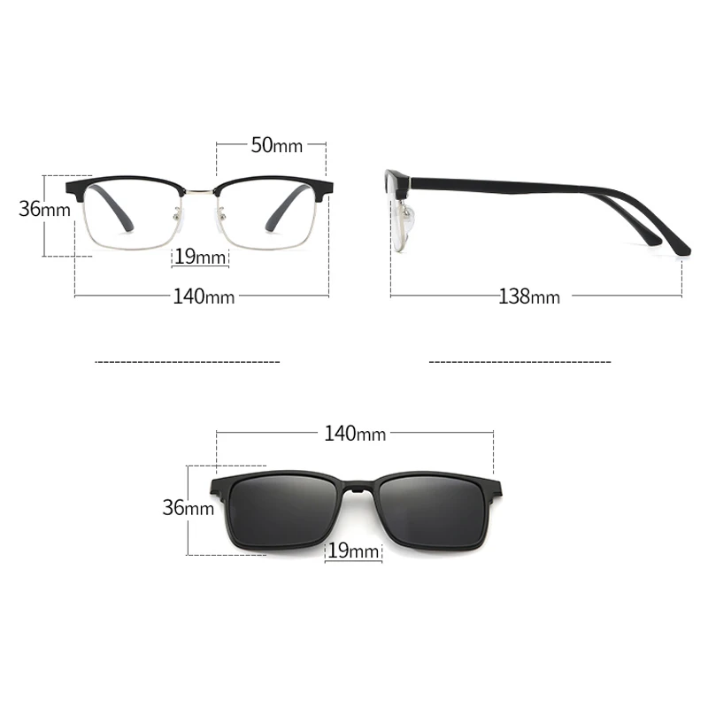 VCKA Square Myopia Polarized Sunglasses 6 In 1 Clip Magnet Business Men Women Clip Magnet Glasses Custom Optical Eyewear -0.5 to