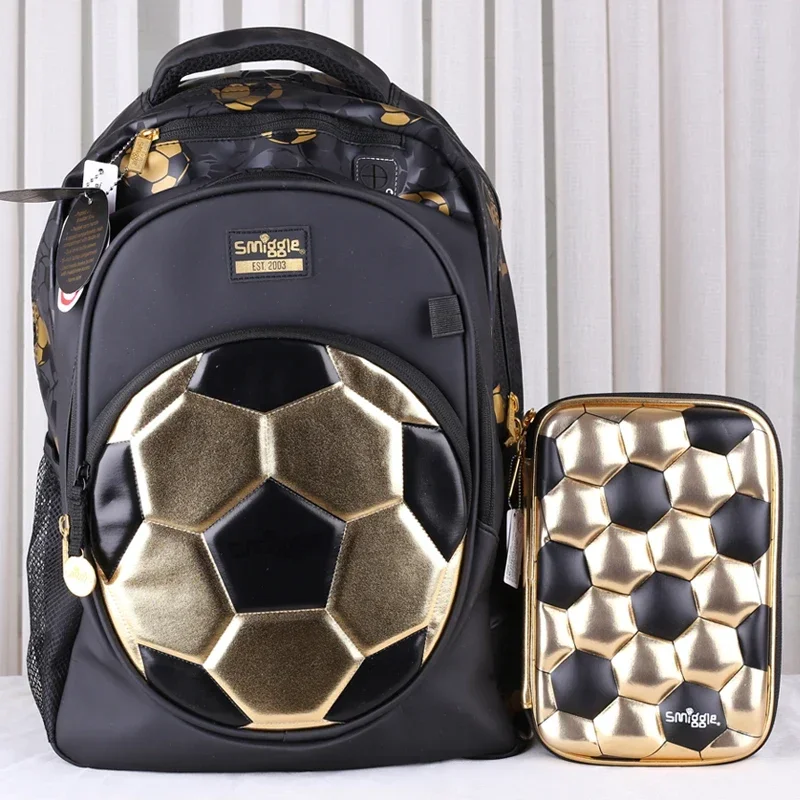 Smiggle australiana Gold Football 18 Aniversario niños estudiantes mochila ligera de gran capacidad, bolsa para bolígrafos, taza de agua