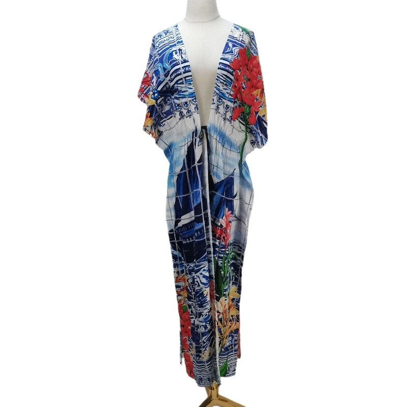 Maiô feminino longo com cobertura maxi vestido praia Boho decote profundo