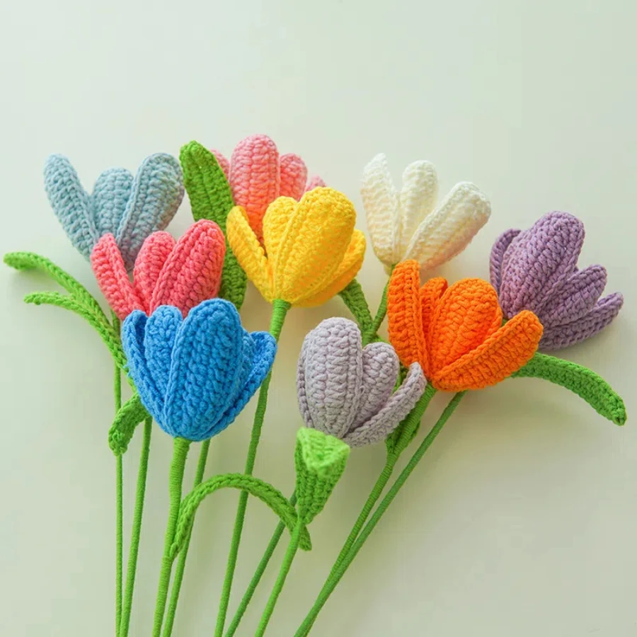 New Hand-Knitted Flowers Artificial Tulips Bouquet Cotton Yarn Crochet Fake Flowers for Wedding Home Table Decor New Year Gifts