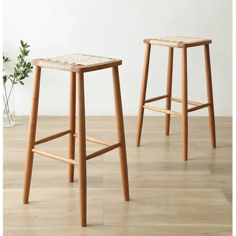 Japanese Dining Chairs Solid Wood High Leg Bar Stool Rope Weaving Design Counter Seat Multi-scenes Applicable To Home Furniture