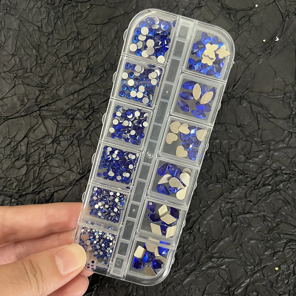 12 Gird BoxED หลายขนาดคริสตัลเพชร 3D Flat-back AB/สีสัน nON-Hotfix Glitter Rhinestone (120 ชิ้น + 720 ชิ้น) เล็บอัญมณี