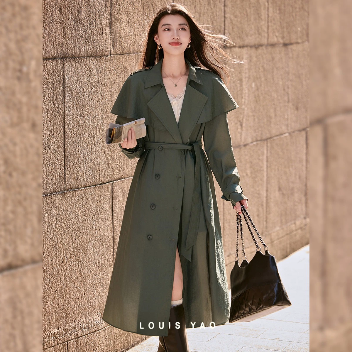 

LOUIS YAO Solid Color Loose Women's Trench Coat 2025 Autumn Casual Lazy Style Windbreaker Long-Sleeve Shawl Collar Outerwear