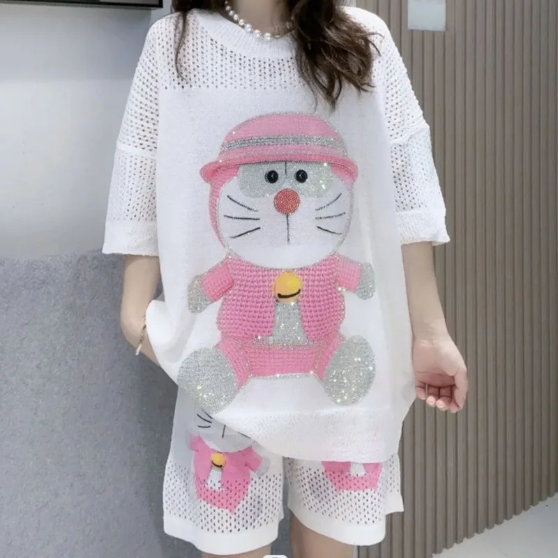 

Leisure Korean Heavy Industry Hot Pot Doraemon Short Sleeve Ice Silk Knitted Two Piece Set